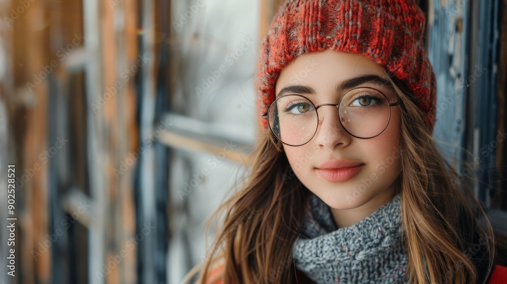 A stunning woman with smooth skin smiles warmly in a cozy winter setting A stunning woman with smooth skin smiles warmly in a cozy winter setting