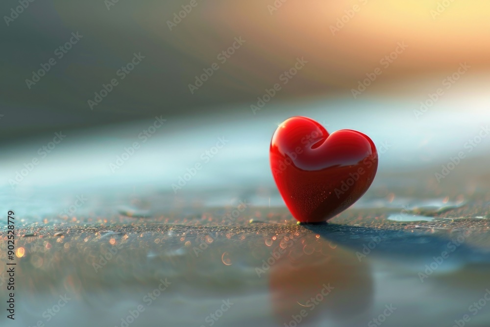 Fototapeta premium A small red heart sits on the wet surface, possibly symbolizing love or passion