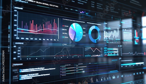 A digital screen showcasing a comprehensive yearly financial report with dynamic pie charts and interactive data visualizations, set against a sleek background.