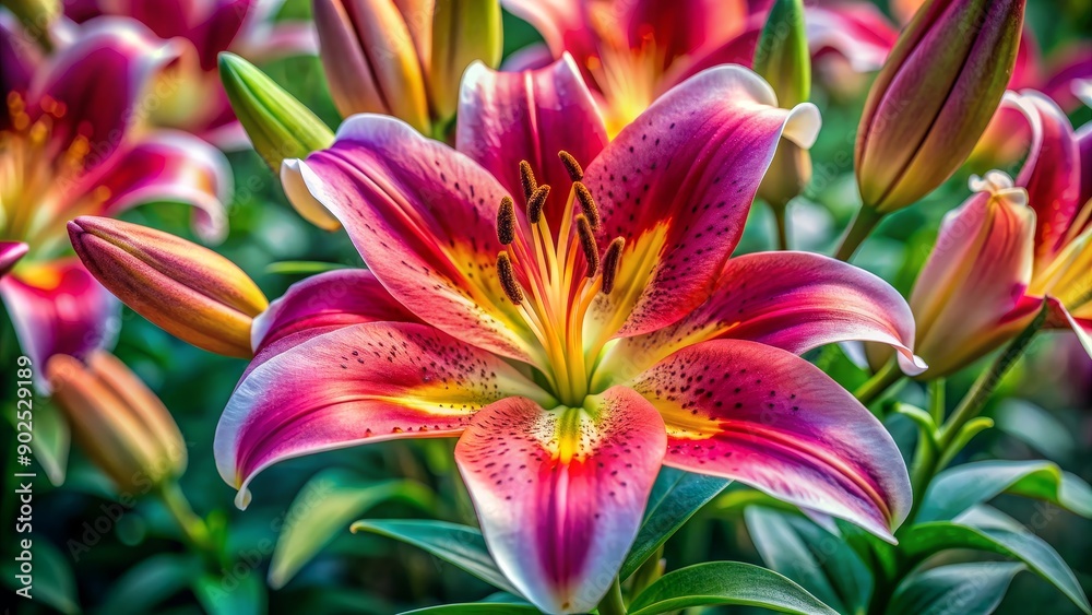 A Close-Up of a Pink Lily with Yellow Stamens and a Blurred Background, Flower, Lily, Blossom, Nature A Close-Up of a Pink Lily with Yellow Stamens and a Blurred Background, Flower, Lily, Blossom, Nature