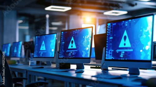 Office with Computers Showing Blue Screen Warning photo