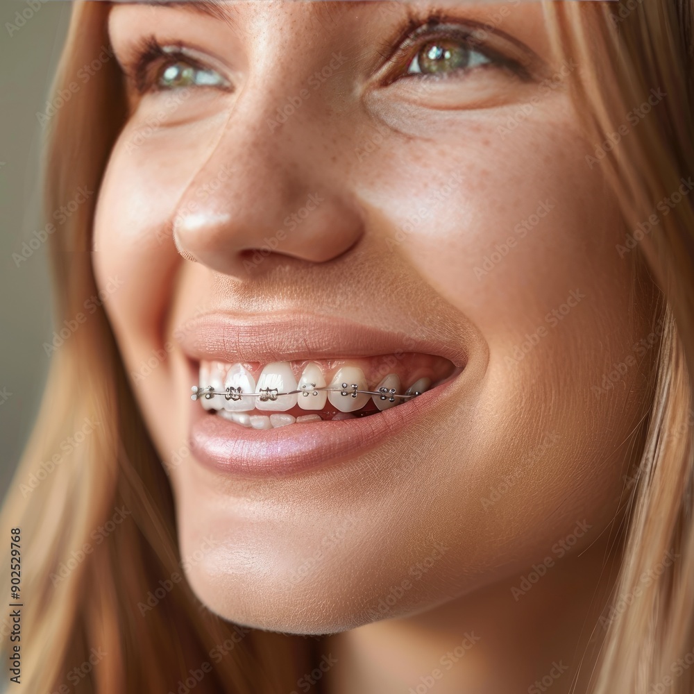 Fototapeta premium Close-up of a smiling mouth with braces on teeth, glossy lips, and smooth skin, on a light background.