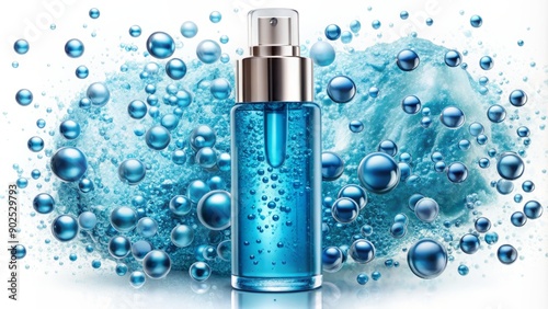 Vibrant blue gel serum featuring hyaluronic acid and bubbles, showcasing a sleek, modern texture, isolated on a crisp white background, perfect for skincare product advertising. © Sirinporn