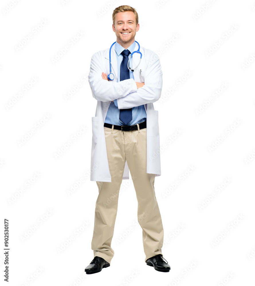 Doctor, portrait and happy man with arms crossed in studio for confidence, healthcare or medical career. Hospital, help and surgeon with stethoscope for trust, medicine or service on white background Doctor, portrait and happy man with arms crossed in studio for confidence, healthcare or medical career. Hospital, help and surgeon with stethoscope for trust, medicine or service on white background