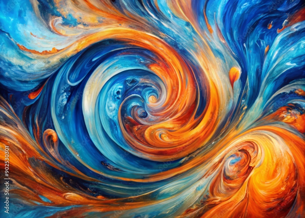 Vibrant blue and orange hues swirl together in mesmerizing harmony, creating a dynamic abstract art piece with energetic brushstrokes and textured, expressive details. Vibrant blue and orange hues swirl together in mesmerizing harmony, creating a dynamic abstract art piece with energetic brushstrokes and textured, expressive details.
