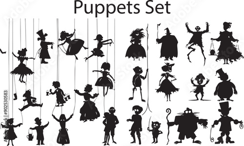 Artistic Puppets Set Silhouette Elements in Black