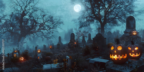 Wallpaper Mural Haunted Graveyard with Glowing Jack-o'-Lanterns Eerie Halloween Scene Under Full Moon Torontodigital.ca