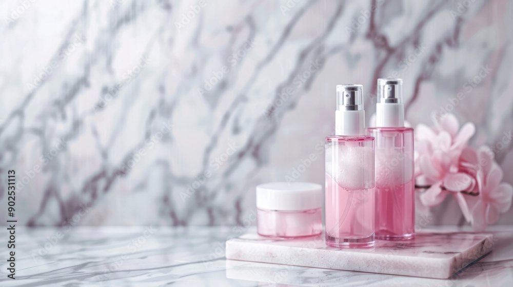 Luxurious Skincare Bottles on Marble Surface with Soft Pink Background Luxurious Skincare Bottles on Marble Surface with Soft Pink Background