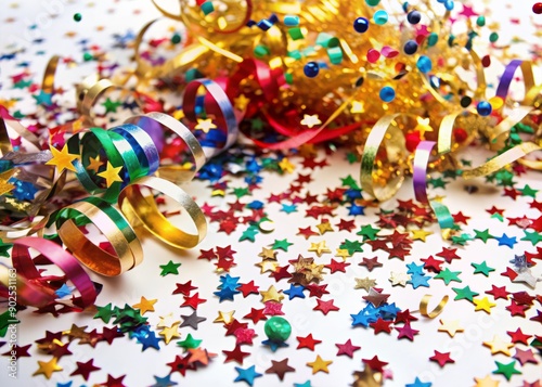 Vibrant confetti and metallic streamers scatter against a crisp white background, creating a festive and joyful atmosphere perfect for New Year's celebrations. photo