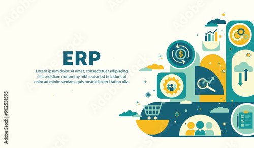 ERP, Enterprise resource planning concept. Business, Technology, Internet and network, software system for business resources plan presented. Businesses infographic, vector illustration with icons.