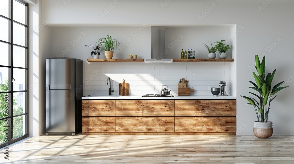 Warm and rustic kitchen with wooden accents, plants, and natural light Warm and rustic kitchen with wooden accents, plants, and natural light