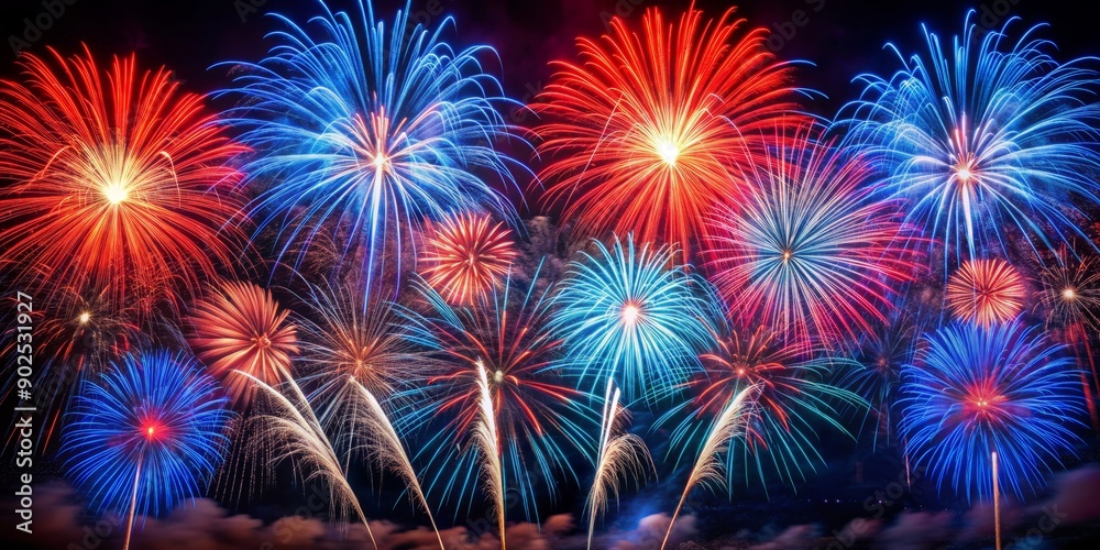 Vibrant Fourth of July fireworks explosion against a dark night sky, showcasing a breathtaking mix of red and blue bursts, with negative space on the right.