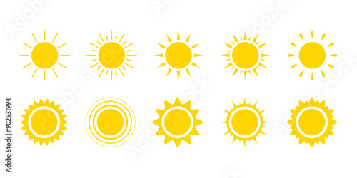 Yellow sun icon set, sunshine and solar glow. Decorative circle sun and sunlight. Hot solar energy for tan. Vector illustration