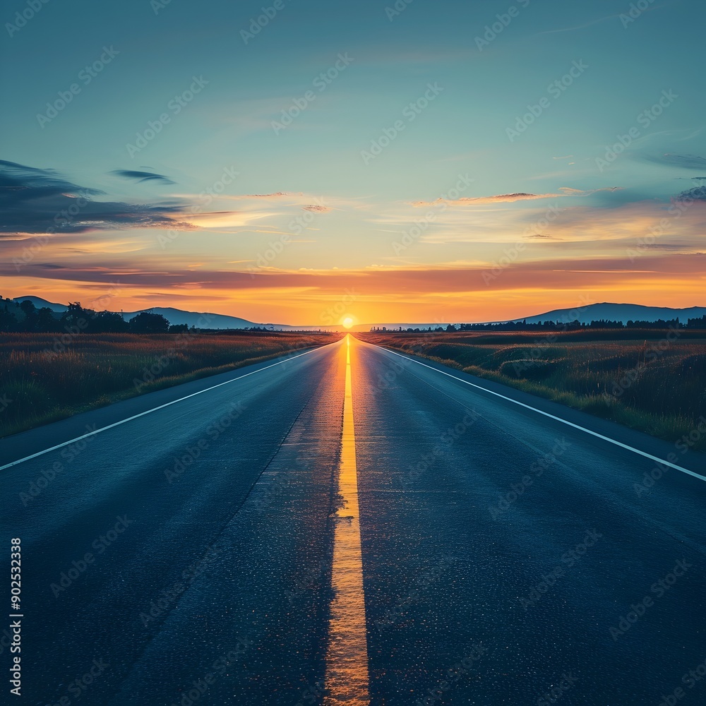 Naklejka premium Empty Road Leading to Horizon at Dawn Symbolizing New Beginnings Journey