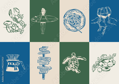 Minimalist Dolce Vita vector illustration collection. Art for greeting cards, wedding invitations, poster design, postcards, branding, logo design, background.