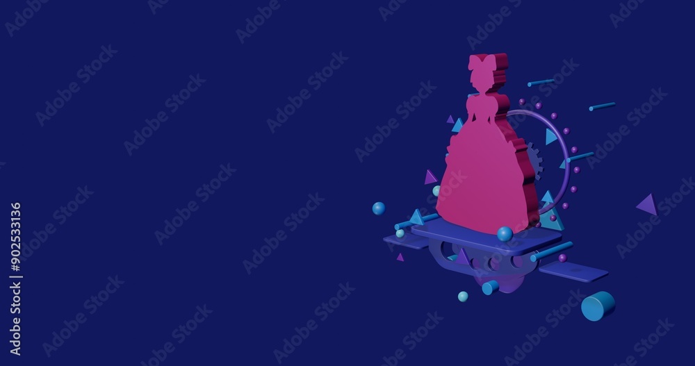 Naklejka premium Pink princess symbol on a pedestal of abstract geometric shapes floating in the air. Abstract concept art with flying shapes on the right. 3d illustration on indigo background