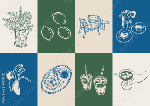 Minimalist Dolce Vita vector illustration collection. Art for greeting cards, wedding invitations, poster design, postcards, branding, logo design, background.