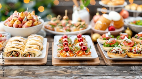 Delicious array of festive appetizers served on wooden platters, perfect for holiday gatherings and celebrations.