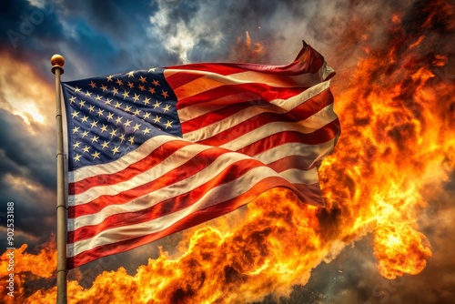 Intense flames and swirling smoke engulf a majestic American flag, its stars and stripes waving defiantly amidst the inferno, symbolizing resilience and strength.