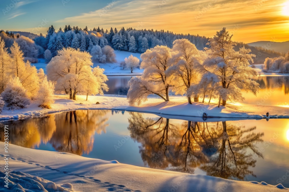 Serene winter wonderland scenery featuring snow-drenched trees, rolling hills, and a frozen lake, bathed in warm, golden light, evoking a sense of peaceful tranquility.