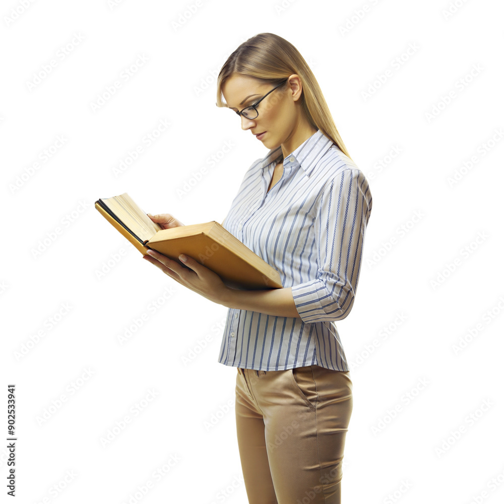 Woman reading book standing and focused on text, casual attire, isolated on neutral background Woman reading book standing and focused on text, casual attire, isolated on neutral background