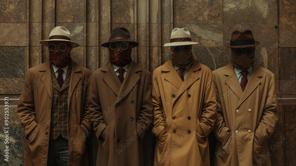 Four Men in Trench Coats and Hats, Standing in Front of a Brick Wall Four Men in Trench Coats and Hats, Standing in Front of a Brick Wall