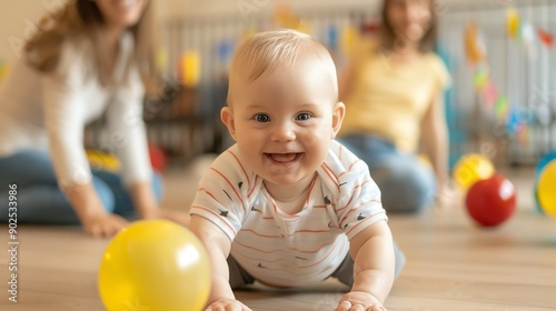 Happy baby crawling on the floor with colorful balls, surrounded by caring adults, capturing joyful moments of early childhood.