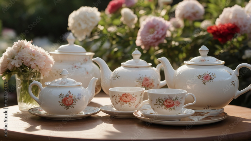 Fototapeta premium Afternoon tea set in the flower garden