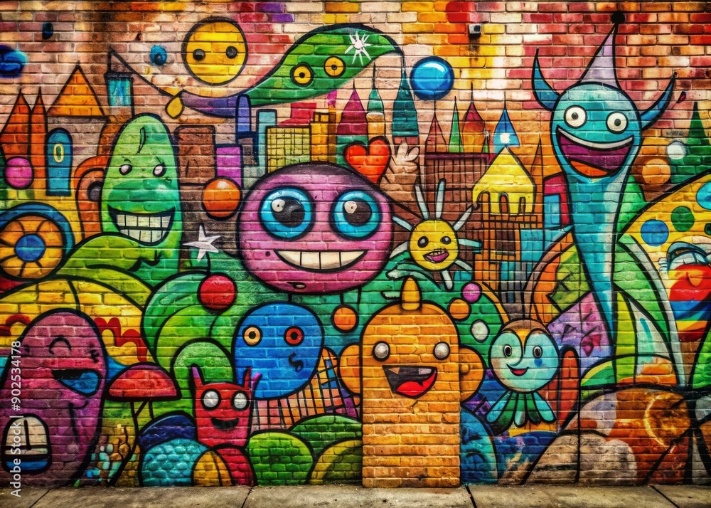 Fototapeta Vibrant graffiti artwork adorns a worn, scratched brick wall in a urban setting, featuring colorful doodles, shapes, and lines that add a splash of personality.