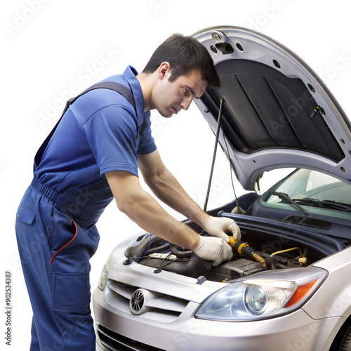 Mechanic repairing car engine with tools, automotive maintenance, isolated image photo