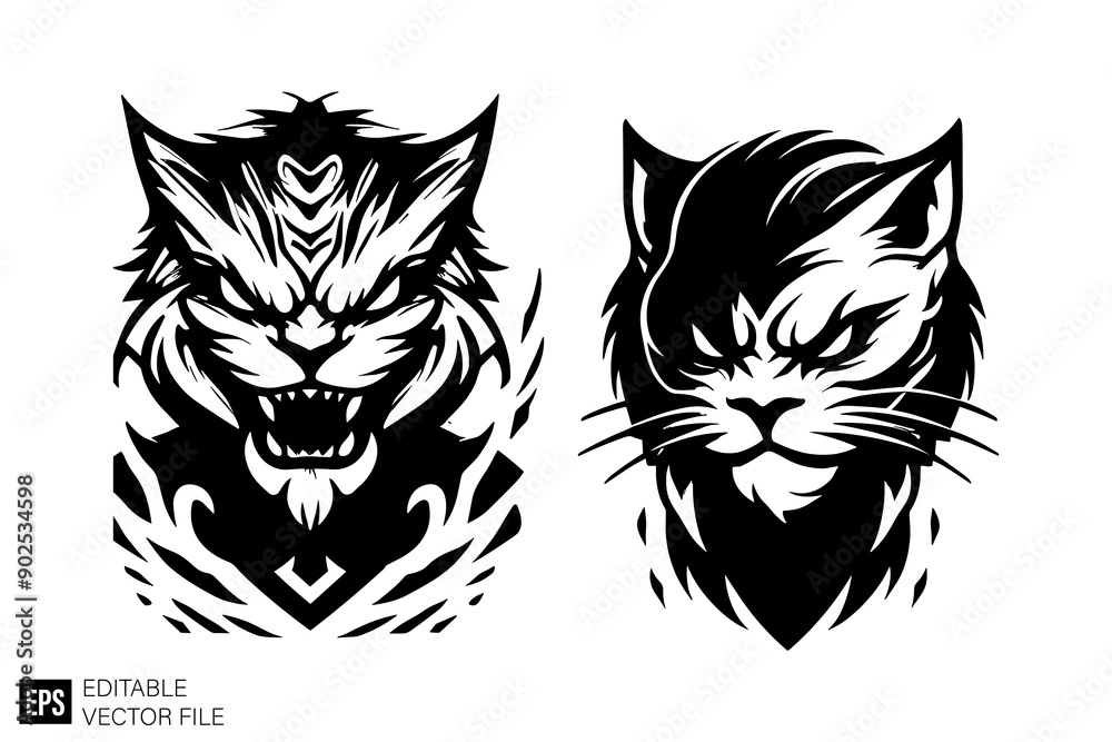 Obraz premium Cat illustration black and white silhouette graphic clip art vector design