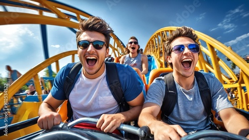 Two men enjoy a thrilling roller coaster ride at an amusement park photo