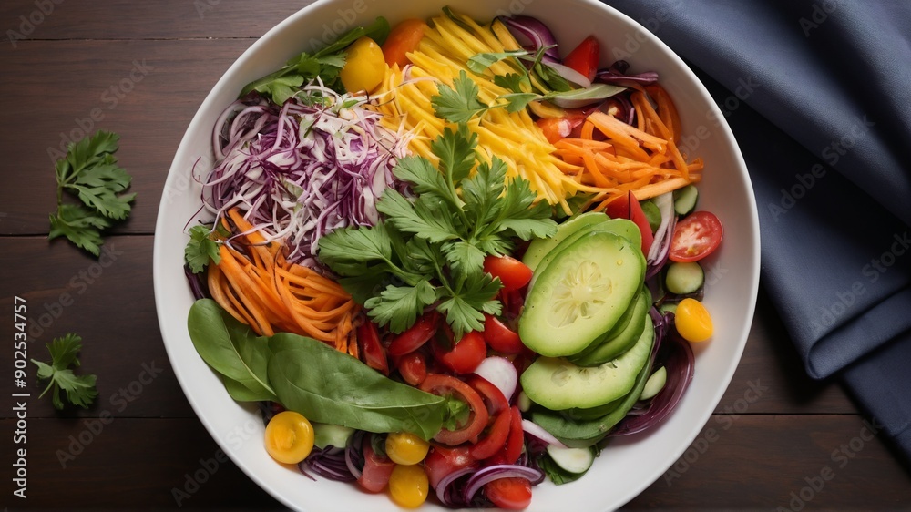 Fresh vegetable salad, cutting vegetables into plates, top view
Fresh vegetable salad, cutting vegetables into plates, top view