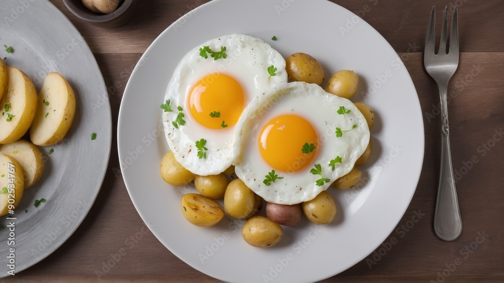 Two eggs and some potatoes are on a white plate with a fork Two eggs and some potatoes are on a white plate with a fork