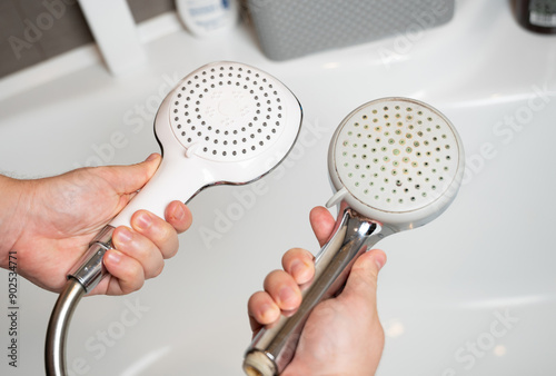 Replacing an old shower head with a new one. Poor water quality and limescale buildup on plumbing fixtures. Periodic replacement and maintenance of cleanliness. Mold and bad smell of water.