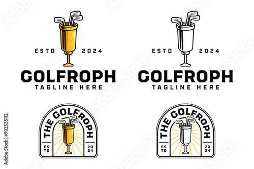 golf sticks in trophy cup logo design for golfer and tournament.  golf club professional with golden trophy and putter sticks sign symbol modern logo. set of golf sport emblem badge logo illustration