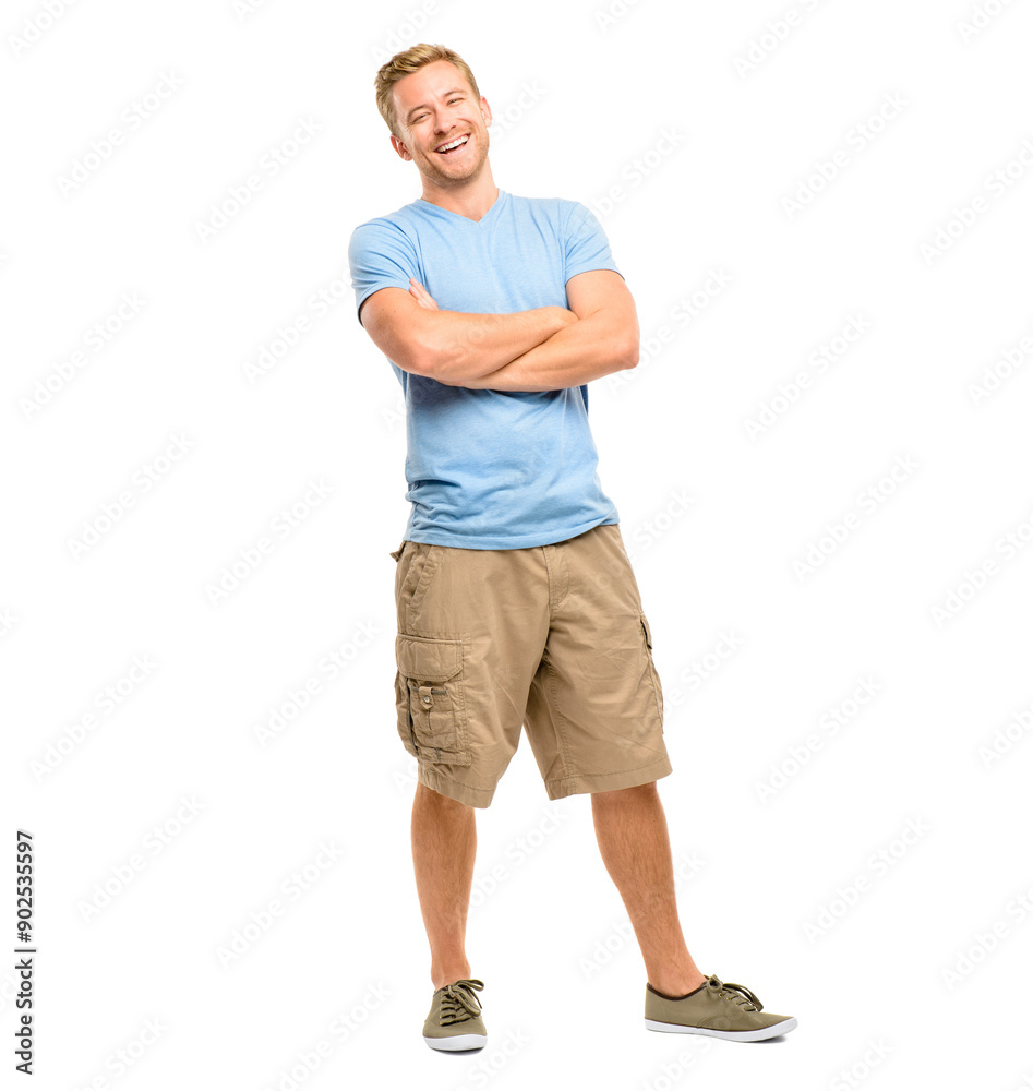 Man, portrait and arms crossed in studio with fashion in casual style, trendy outfit or confidence on mockup. Model, person and laughing for funny joke with relax, pride or shorts on white background Man, portrait and arms crossed in studio with fashion in casual style, trendy outfit or confidence on mockup. Model, person and laughing for funny joke with relax, pride or shorts on white background