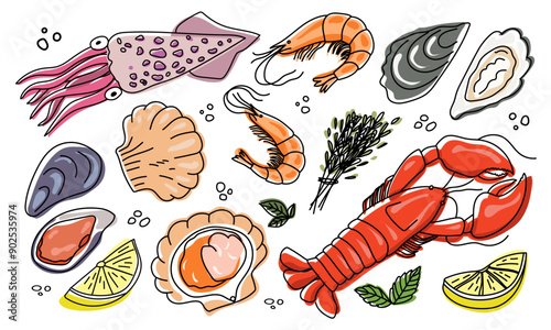Seafood sketch. Hand drawn food. Delicious seafood. Sea cuisine.