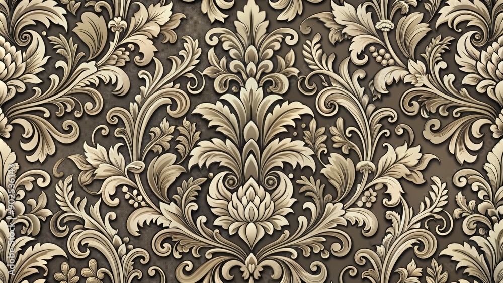 Intricate, ornate, and elegant damask pattern features swirling motifs in sophisticated monochrome hues, evoking luxury, refinement, and timeless beauty in a classic design. Intricate, ornate, and elegant damask pattern features swirling motifs in sophisticated monochrome hues, evoking luxury, refinement, and timeless beauty in a classic design.