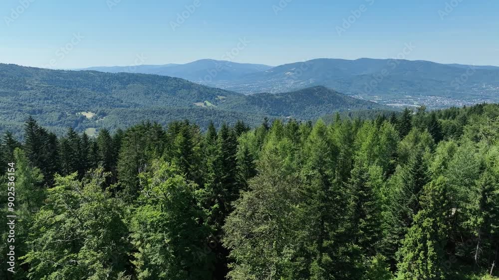 Beskid summer mountains panorama. Stunning Aerial Drone View of Summer Green Forests in the Beskid Mountains, Bielsko Biala, Magurka Wilkowicka. Beskid summer mountains panorama. Stunning Aerial Drone View of Summer Green Forests in the Beskid Mountains, Bielsko Biala, Magurka Wilkowicka.