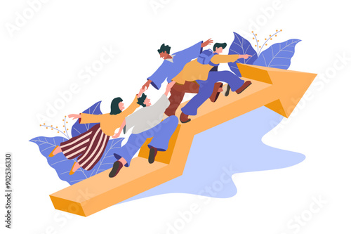 teamwork focus on goals, increase motivation. Way to achieve goals with support. Help overcome obstacles, business people, business development up arrow. Vector flat illustration