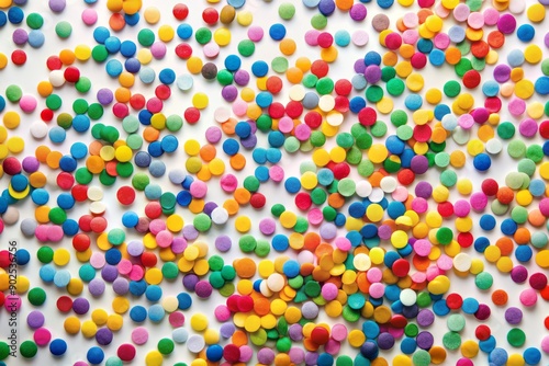 Vibrant confetti dots in various colors scattered randomly on a clean white background, creating a playful and festive abstract backdrop with a top view perspective.