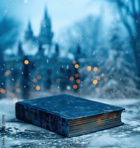 Vintage Blue Book in Snowy Winter Wonderland with Bokeh Lights and Blurred Castle in Background, Capturing the Magic and Mystery of a Winter Evening