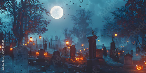 Wallpaper Mural Eerie Halloween Graveyard Under Full Moon Spooky Tombstones and Flickering Lanterns Torontodigital.ca