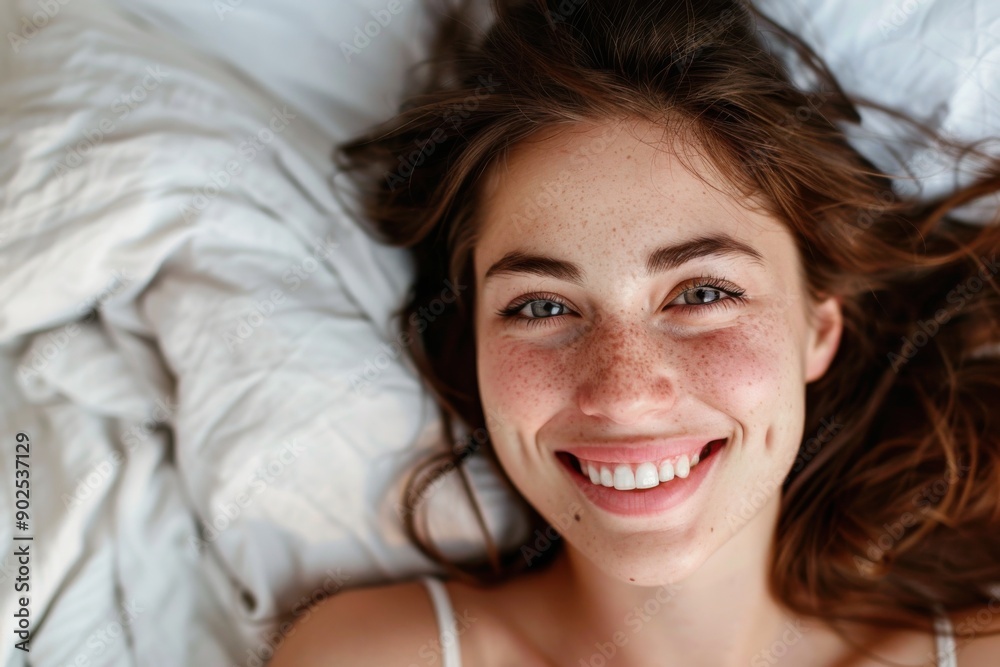 Smiling In Bed. Closeup of Mid Adult Caucasian Woman Smiling in Bed Smiling In Bed. Closeup of Mid Adult Caucasian Woman Smiling in Bed