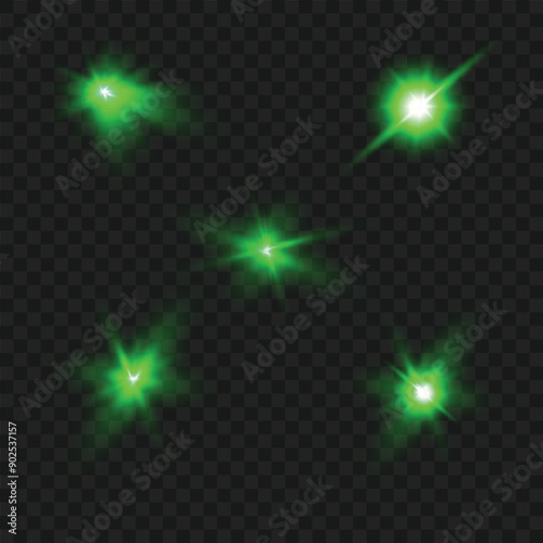 Glowing green starbursts with light trails on a transparent background. Vector illustration