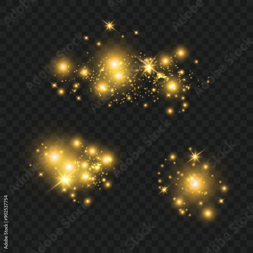 Bright golden sparkles and star clusters on a transparent background. Vector illustration photo