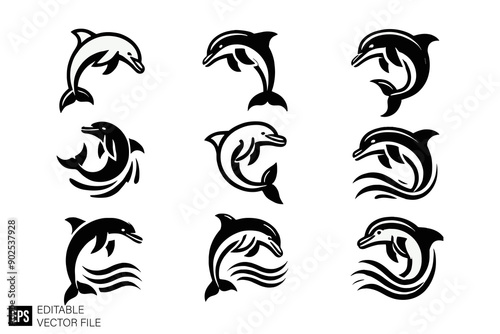 dolphine set black and white vector clip art silhouette graphic design