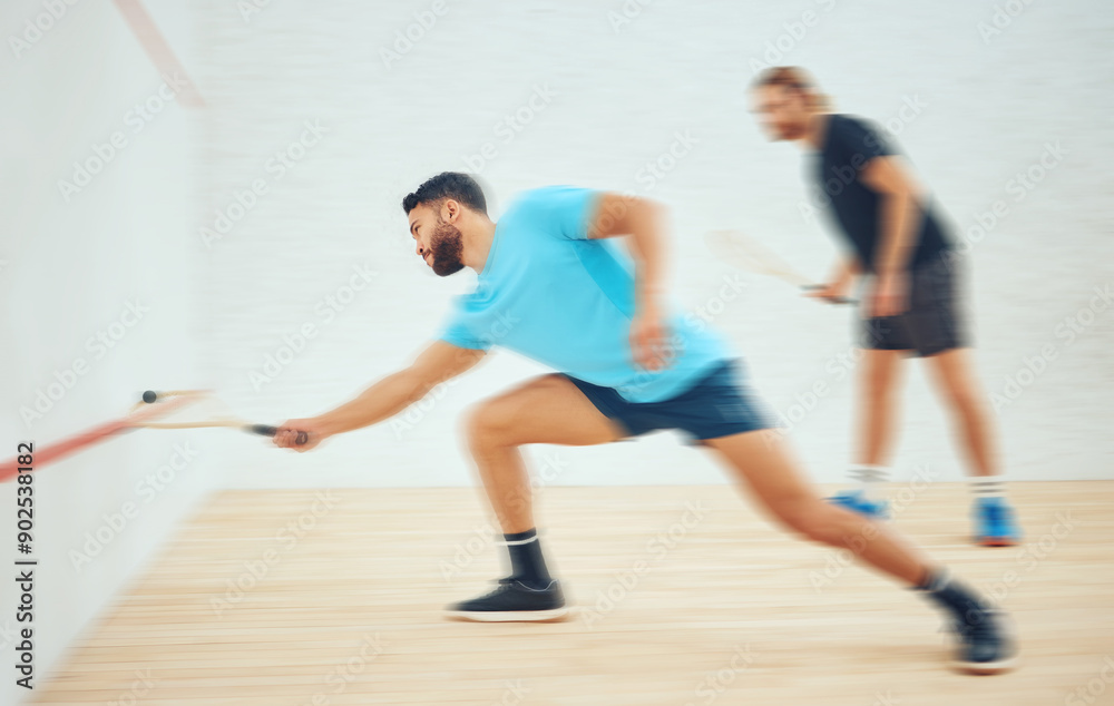 Fitness, speed and squash players with movement blur, training exercise and competition for workout. Fast motion, serve and men playing game, wall ball and athlete challenge in indoor court club Fitness, speed and squash players with movement blur, training exercise and competition for workout. Fast motion, serve and men playing game, wall ball and athlete challenge in indoor court club