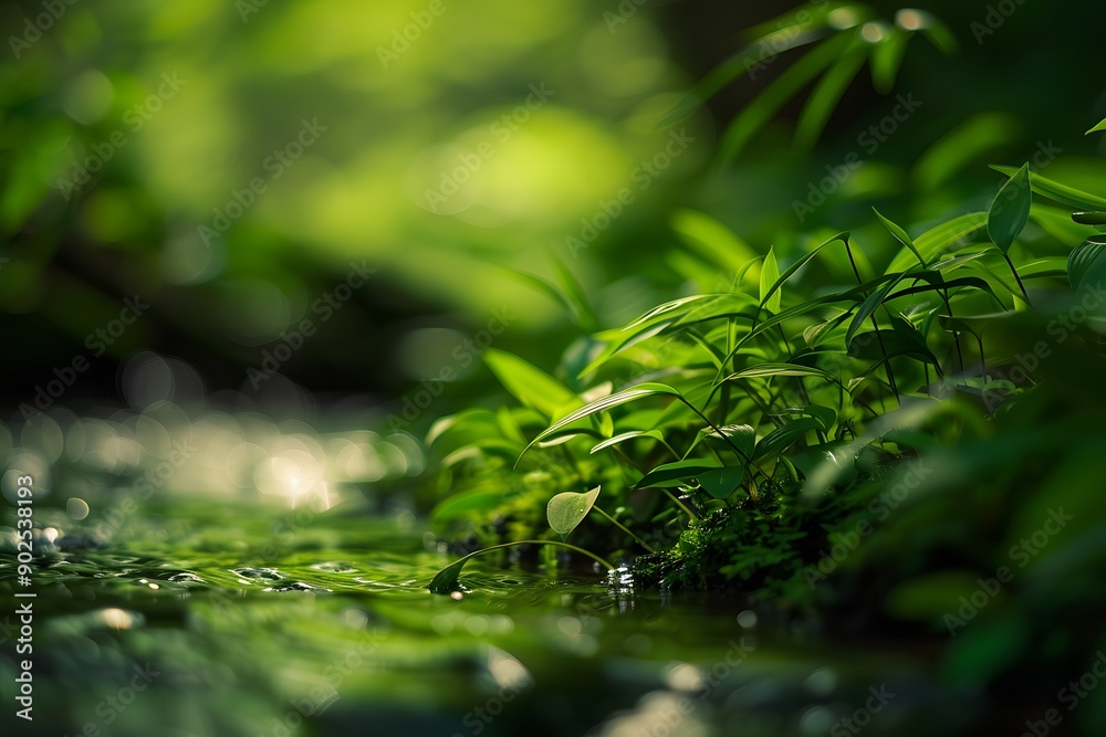 Lush green plants by a serene stream in soft focus, creating a tranquil atmosphere. Lush green plants by a serene stream in soft focus, creating a tranquil atmosphere.